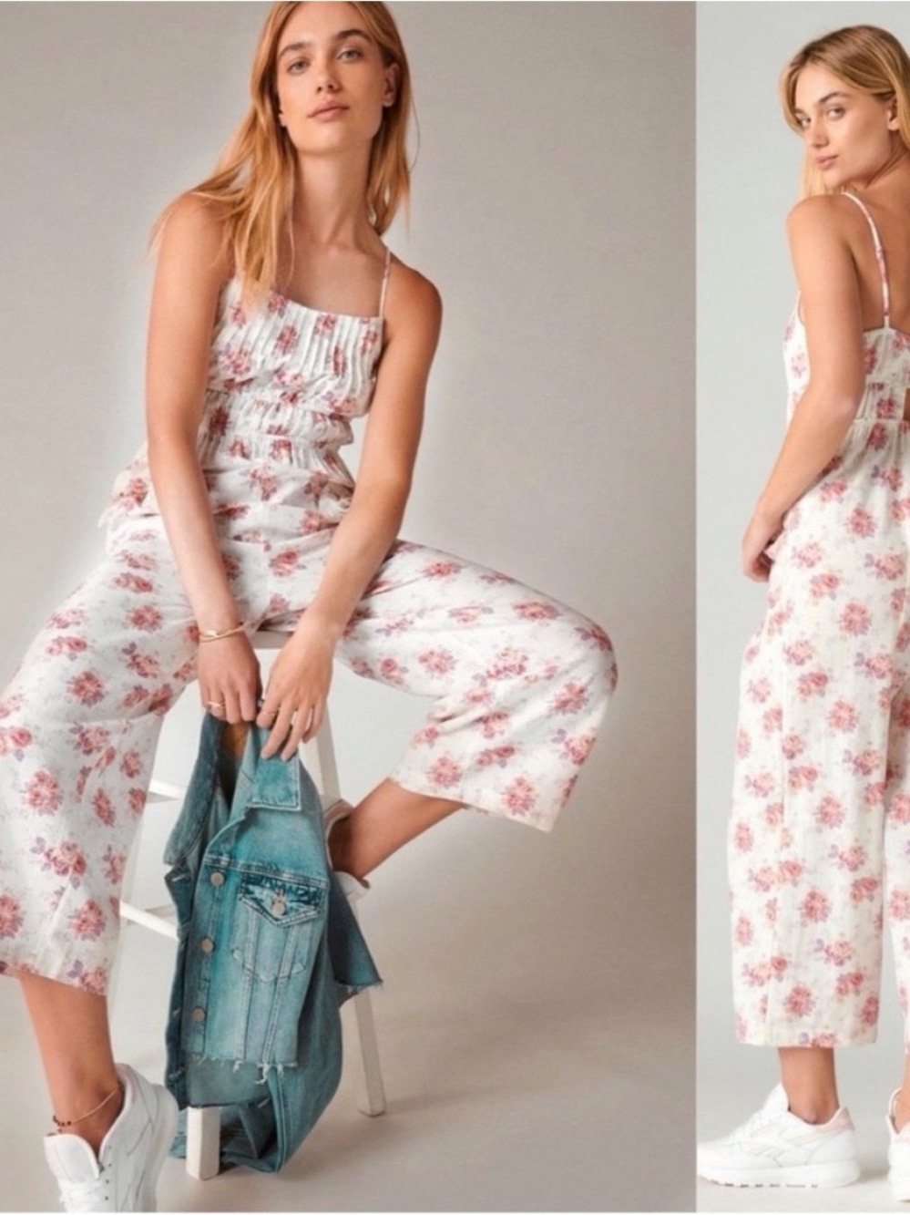 Laura Ashley x Lucky Brand Cream Floral Wide-Leg Capris Jumpsuit Size L - Picture 2 of 16